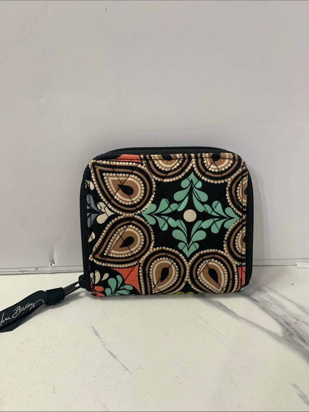 Vera Bradley Black Wallet with Turquoise, Tan and Coral Pattern